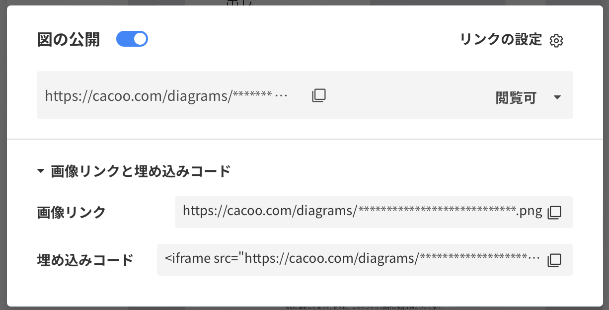 公開リンクの設定画面